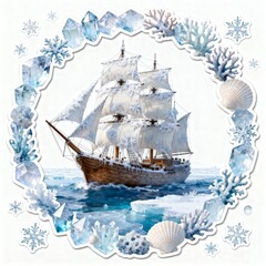 Wooden sailing ship navigating icy waters surrounded by a decorative frame of snowflakes, crystals, corals, and seashells