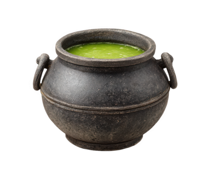 A bubbling green potion in a rustic, dark cauldron with handles, isolated on a transparent background, evoking a sense of magic and mystery