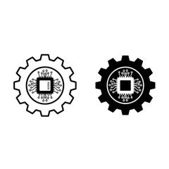 Two gear icons with microchip inside, isolated on transparent background