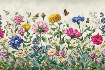 Colorful floral watercolor seamless pattern featuring various flowers and butterflies in a lush garden backdrop symbolizing the beauty of nature and seasonal blooms