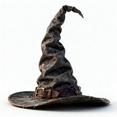 Vintage wizard hat with pentagram and star symbols, featuring a weathered texture and leather strap detail, isolated on white background.