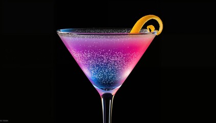 Vibrant cocktail in a martini glass with gradient pink and blue hues, garnished with a citrus twist on a black background