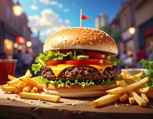A delicious cheeseburger and french fries, served on a rustic wooden surface, bathed in outdoor sunlight, highlight a vibrant street food scene.