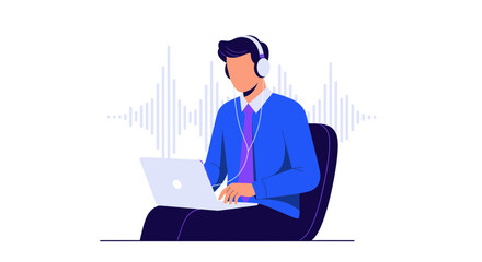 Man Listening to Music with Headphones and a Laptop While Working on a Project