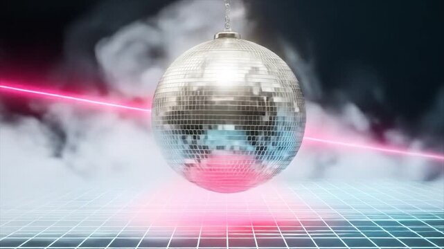 Reflective disco ball suspended with abstract neon grid background