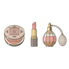 Discover timeless beauty with this elegant collection of vintage-inspired blush compact, lipstick, and perfume bottle for a touch of old-world glamour