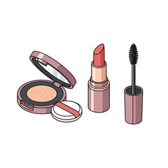 Elegant pink makeup set for a flawless look, featuring powder compact, vibrant lipstick, and mascara for captivating eyes, perfect for beauty campaigns