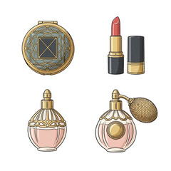 Timeless beauty essentials: vintage powder compact, classic red lipstick, and elegant perfume bottles for a touch of old-world glamour and sophistication