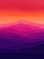 Obraz premium Dramatic sunset colors fill the sky, creating a gradient of pink and purple over layered mountain peaks, capturing a serene natural landscape.