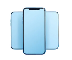 Three modern smartphones with blank blue screens arranged in a row, isolated on a transparent background, showcasing a clean and minimalist design for technology and communication concepts