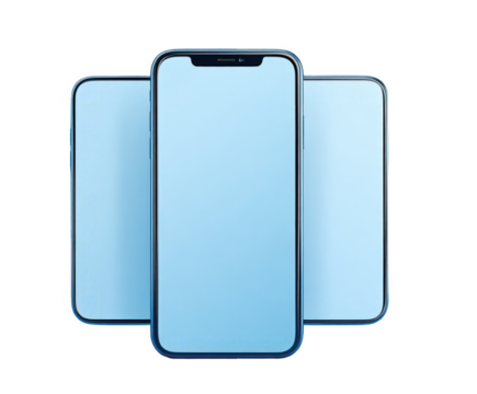 Three modern smartphones with blank blue screens arranged in a row, isolated on a transparent background, showcasing a clean and minimalist design for technology and communication concepts - Powered by Adobe