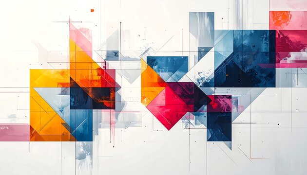 A vibrant abstract design featuring overlapping geometric shapes in bold colors against a neutral background.