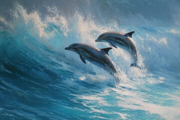 Obraz premium Dolphins leap gracefully over ocean waves while playing in the beautiful turquoise waters during a sunny day in the open sea