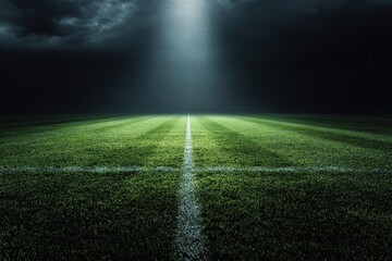 Obraz premium Vibrant football field illuminated by a beam of light showcasing lush green grass at twilight
