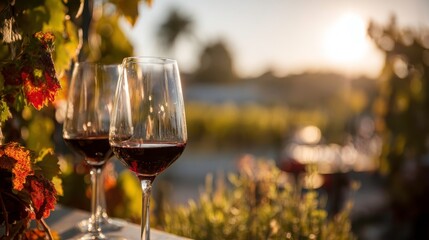 Red Wine Glasses Vineyard Sunset | Wine Tasting Travel