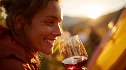 Woman, Wine, & Sunset: Happy Outdoor Adventure Lifestyle