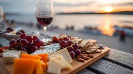 Wine, Cheese Board, Sunset - Gourmet Food and Drink