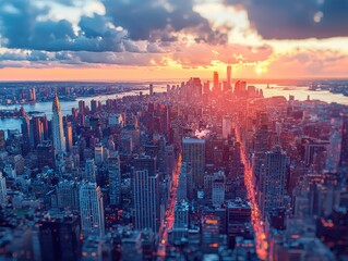 Fototapeta premium Aerial view of illuminated Manhattan cityscape at sunset, showcasing towe skyscrapers and vibrant sky with dramatic clouds casting shadows across the urban scene.