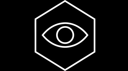 Modern minimalist white eye line art icon in a hexagon shape on a black background, representing vision, security, and digital insight.