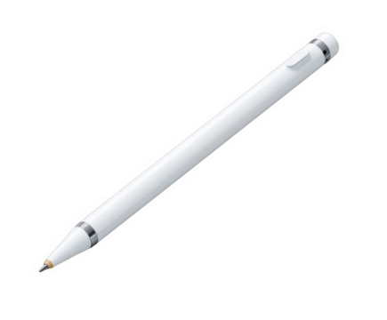 A white digital stylus pen with a metallic silver accent at the top and bottom, isolated on a transparent background, perfect for graphic design and digital art applications