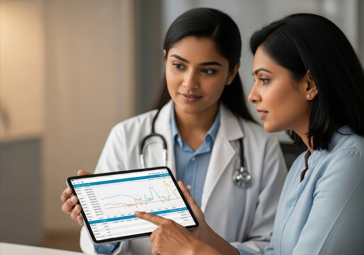 female indian doctor explains medical test results on digital tablet to patient. they are discussing health data chart during professional consultation.