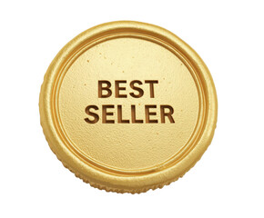 Golden circular badge with the text best seller embossed on it, isolated on transparent background