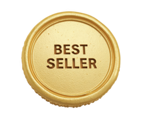 Golden circular badge with the text best seller embossed on it, isolated on transparent background