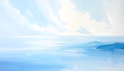 Obraz premium A serene landscape painting depicts a tranquil ocean scene with soft, pale blue hues, fluffy white clouds, and distant landmasses.