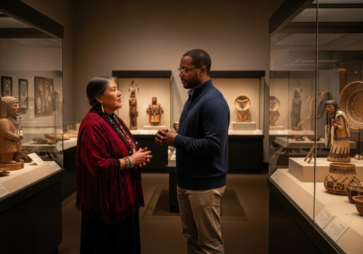 native american woman and african man discuss cultural heritage in museum. surrounded by indigenous art, they share moment of learning and dialogue.