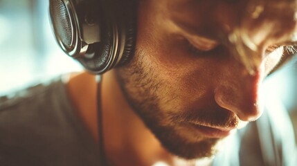 Intense man deeply focused listening to music through professional headphones, experiencing pure audio bliss and creative inspiration in a warm, intimate setting.