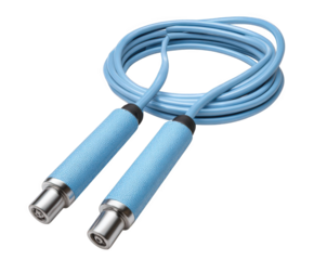 A light blue jump rope coiled up and isolated on a transparent background, showcasing its textured handles and metallic ends, perfect for fitness and exercise content