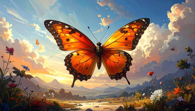 A majestic orange butterfly soars above a picturesque landscape at sunrise, filled with vibrant wildflowers and rolling hills.