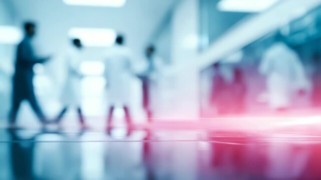 Blurred image of a hospital corridor with doctors and nurses in white coats walking and collaborating, symbolizing modern healthcare, teamwork, clinical environment, and advanced medical technology