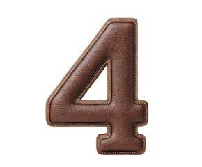 A brown leather number 4 with stitching, isolated on a transparent background, representing the digit and a numerical value