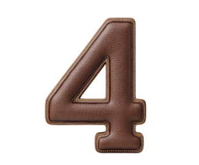 A brown leather number 4 with stitching, isolated on a transparent background, representing the digit and a numerical value