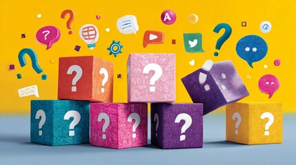 Creative concept of colorful question mark blocks and thought bubbles symbolizing ideas, confusion, and solutions against a vibrant yellow background
