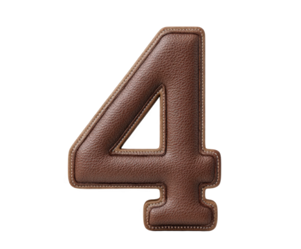 A brown leather number 4 with stitching, isolated on a transparent background, representing the digit and a numerical value