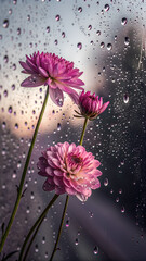 A contemporary painting depicting two vibrant pink and purple flowers viewed through a misted glass surface. Countless water droplets cling to the glass, each acting as a tiny lens refracting and magn