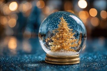 Fototapeta premium Golden Christmas tree inside glass snow globe with sparkling background creating a festive atmosphere for holiday celebrations