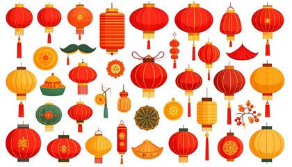Collection of various vibrant, detailed paper lanterns in red, orange, and yellow with decorative elements for festive celebrations