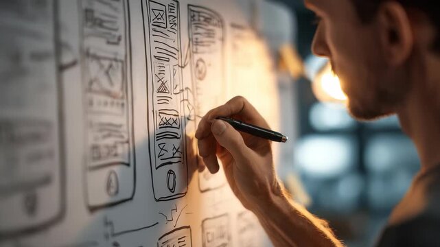 UX designer draws detailed wireframes for mobile application, illustrating planning phase app development. Workspace atmosphere highlights creativity, innovation, digital design trends
