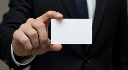 Fototapeta premium A male hand in the foreground holding a blank white business card, with a dark suit blurred in the background.