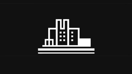 Modern minimalist city skyline icon. White graphic illustration of urban buildings on a black background. Flat design cityscape symbol.