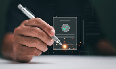 Digital signature concept. Businessman signing virtual document. Symbolizing online contract,...