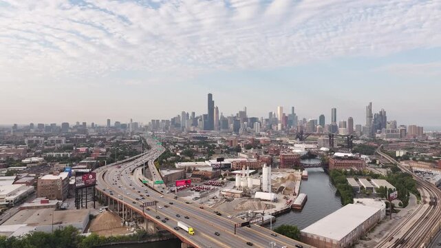 Aerial View of Downtown Chicago with Dan Ryan Expressway Approaching the City Skyline&rdquo; 2025 Stunning aerial perspective of Downtown Chicago showcasing the bustling Dan Ryan Expressway 