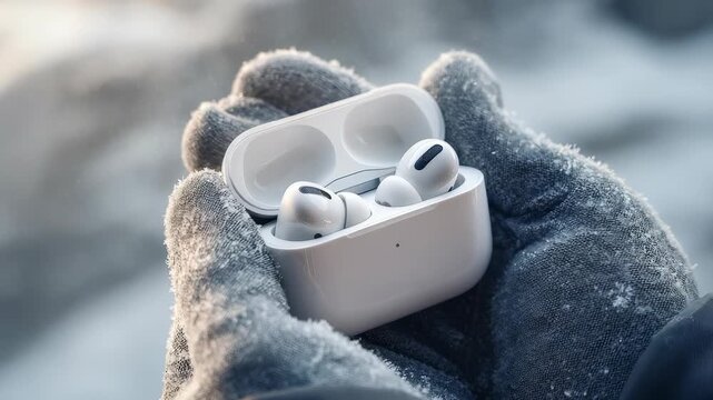 Wireless white earbuds in charging case held by gloved hands, surrounded by snow and frost, highlighting portable audio technology, winter lifestyle, and outdoor music enjoyment in cold environments