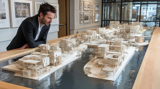 An architect carefully examines a detailed architectural model displayed indoors - Powered by Adobe