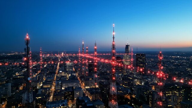 Modern City Skyline Illuminated by Communication Towers at Twilight