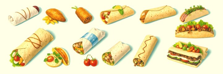 Creative display of various rolled and wrapped food items on a background