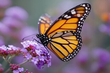 Naklejka premium Beautiful monarch butterfly perched on purple flowers in a sunny garden during springtime, showcasing vibrant colors and delicate wings in nature's embrace